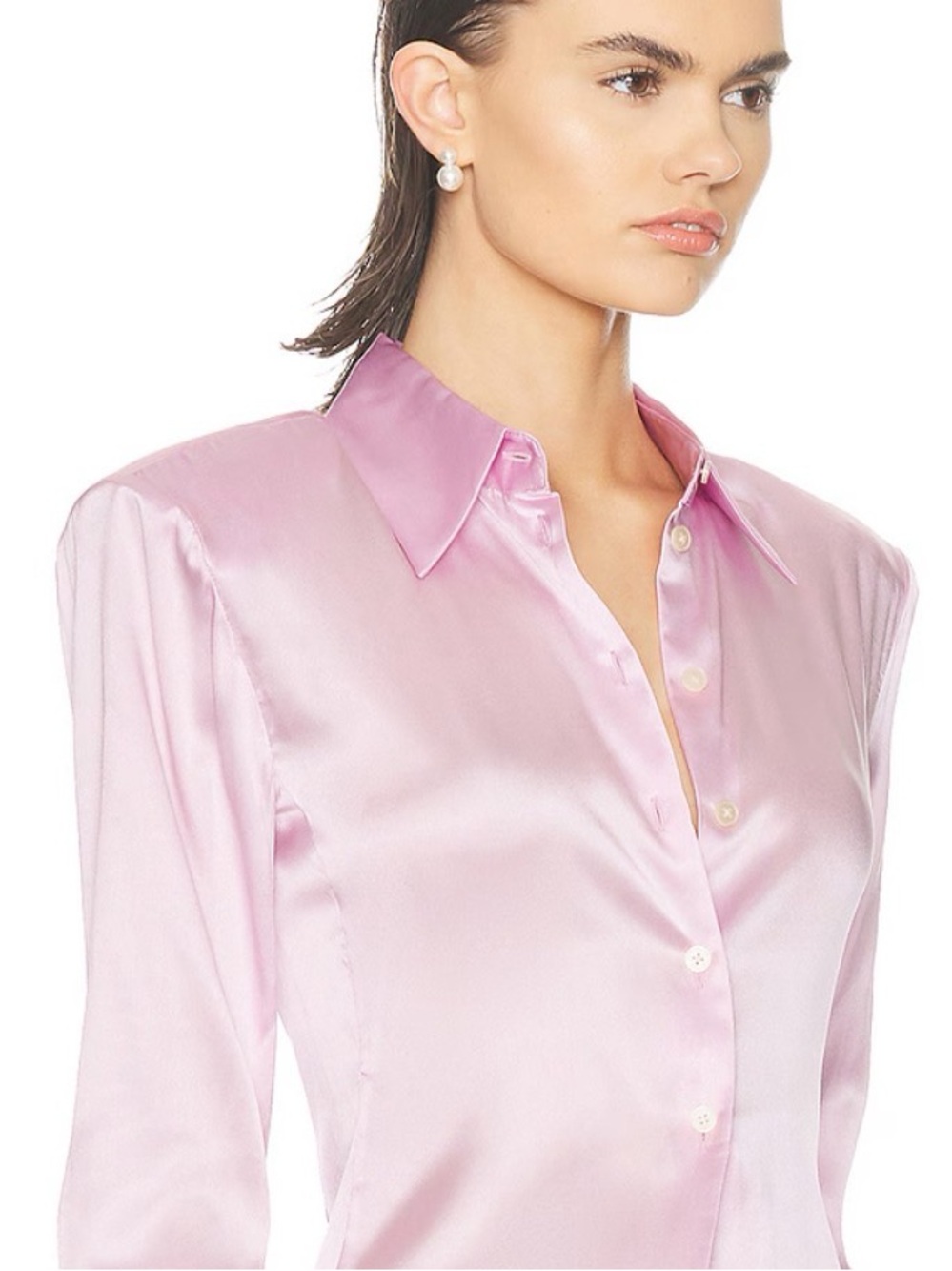 Express Women's Satin Button-Down Shirt in Soft Blush - Picture 2 of 14